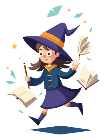 Girl in a witch costume with a magic wand and a book. Vector illustration.のイラスト素材