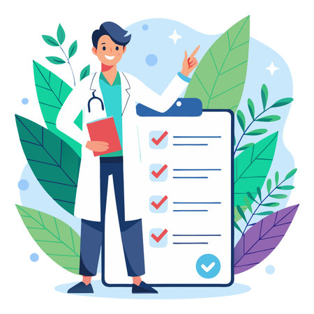 Male Doctor in White Coat Standing with Clipboard with Checklist Appointment. Man in Medical Robe and Stethoscope on Background of Leaves. Cartoon Flat Vector Illustrationのイラスト素材