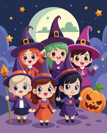 happy halloween celebration with group of kids in witch costume vector illustration designのイラスト素材
