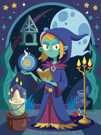Cartoon illustration of a witch reading a magic book at the nightのイラスト素材