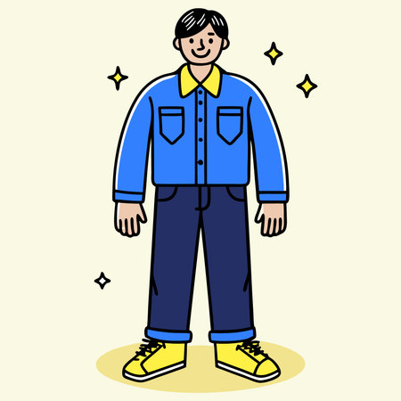 Young man standing and smiling. Vector illustration in line art style.のイラスト素材
