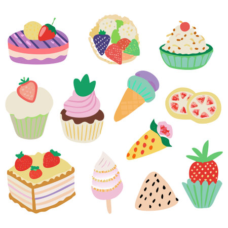 Set of different desserts and cakes. Vector illustration in cartoon style.