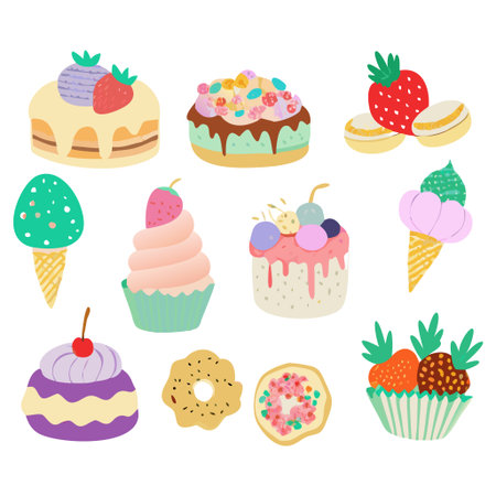 Cupcake, ice cream, muffin, donut, cupcake, strawberry, sweet dessert, vector illustration