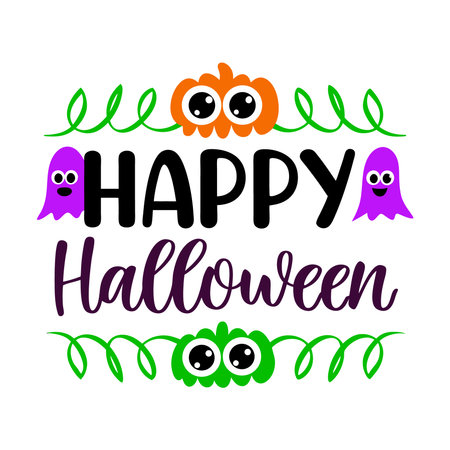 Happy Halloween lettering with cute monsters. Vector illustration for your designのイラスト素材