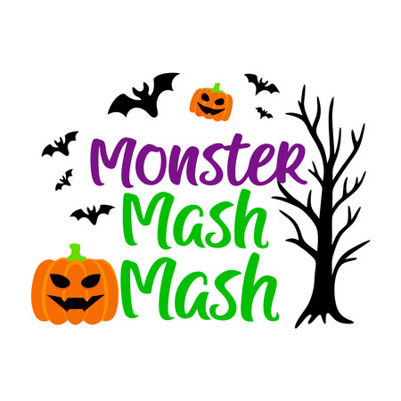 Halloween lettering with pumpkins and bats. Vector illustration.のイラスト素材