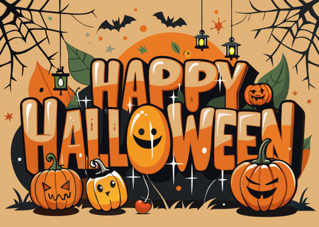 Happy Halloween card with pumpkins, bats and ghosts. Vector illustration.のイラスト素材