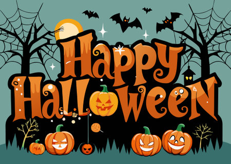 Halloween background with pumpkins, bats and spider web. Vector illustration.のイラスト素材