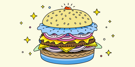 Illustration of a hamburger on a yellow background with stars.のイラスト素材