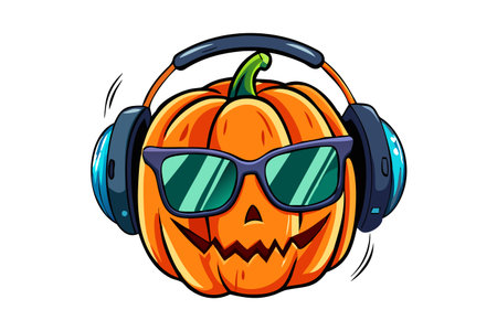 Halloween pumpkin with headphones and sunglasses. Vector illustration isolated on white background.のイラスト素材