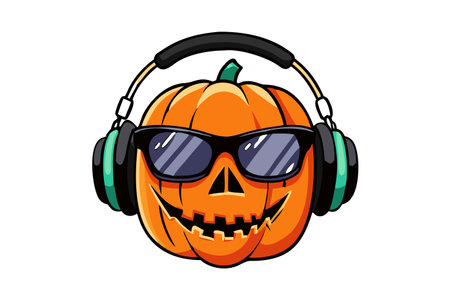 Halloween pumpkin with headphones. Vector illustration on a white background.のイラスト素材