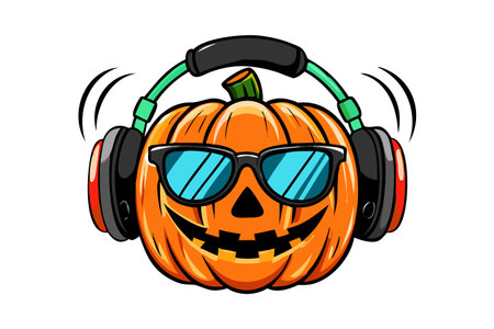 Halloween pumpkin with headphones. Vector illustration on a white background.のイラスト素材