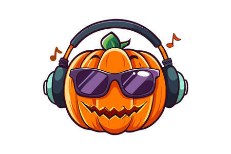 Halloween pumpkin with headphones and sunglasses isolated on white background. Vector illustration.のイラスト素材