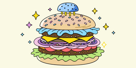 Illustration of a hamburger on a yellow background with stars.のイラスト素材