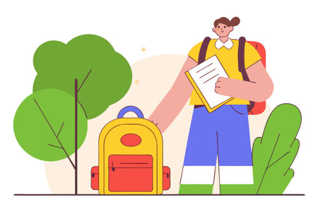 Backpacker with backpack and document. Flat vector illustration in cartoon style.のイラスト素材