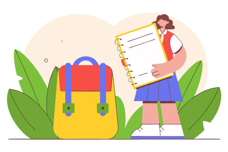 Back to school concept. Young student girl with backpack and notebook. Vector illustration in flat styleのイラスト素材