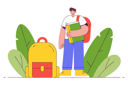 Back to school concept. Man with backpack and books. Vector illustration in flat styleのイラスト素材