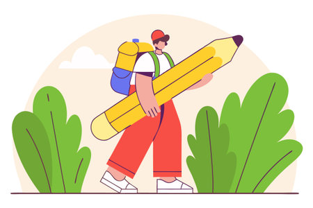 Young Man with Backpack and Pencil in Hand, Backpacker Character in Casual Clothes with Backpack and Backpack Walking in Park, Cartoon Flat Vector Illustrationのイラスト素材