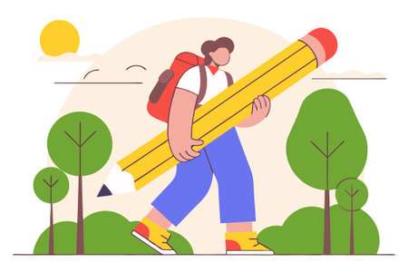 Back to school concept. Young man with backpack and big pencil. Flat vector illustration.のイラスト素材