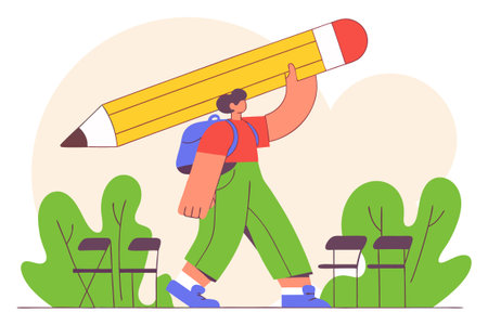 Student with backpack and big pencil. Back to school concept. Vector illustration in flat styleのイラスト素材
