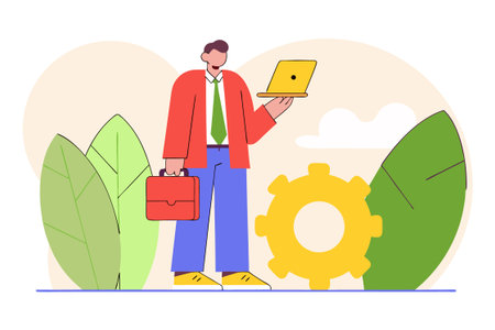 Businessman with laptop and gear vector illustration. Businessman in red shirt and tie working on laptop. Man holding briefcase and gear. Business and entrepreneurship conceptのイラスト素材