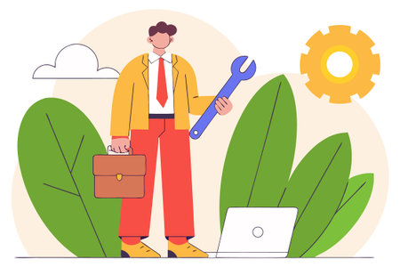 Vector illustration of a man with a wrench in his hand and a briefcase.のイラスト素材