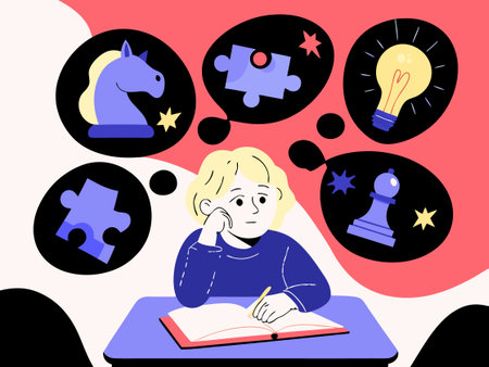 Illustration of a young girl sitting at a desk with a book and a puzzleのイラスト素材