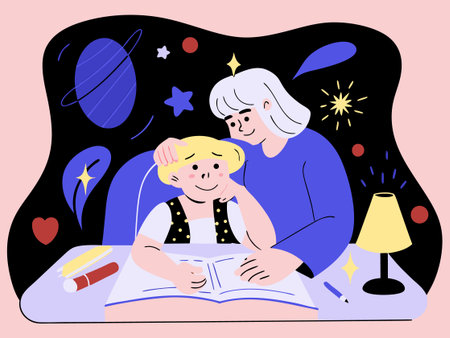 Grandmother and grandson reading a book together. Vector illustration in flat styleのイラスト素材