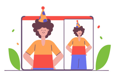 Online birthday party concept in flat design. Man and woman in party hat on smartphone screen.のイラスト素材