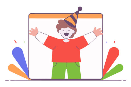 Happy man in party hat on tablet screen. Flat vector illustration.のイラスト素材