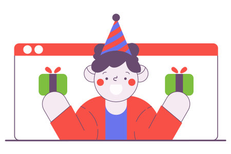Online party. A man in a birthday cap holds a gift box in his hands. Vector illustration.のイラスト素材