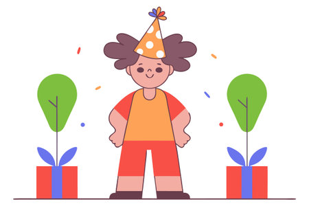 Birthday party vector illustration. Cheerful boy in party hat standing with gift box and tree.のイラスト素材