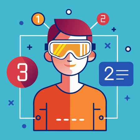 Man with virtual reality glasses and numbers. Vector illustration in flat styleのイラスト素材