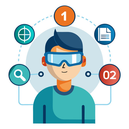 Man with virtual reality glasses and icons. Vector illustration in flat styleのイラスト素材