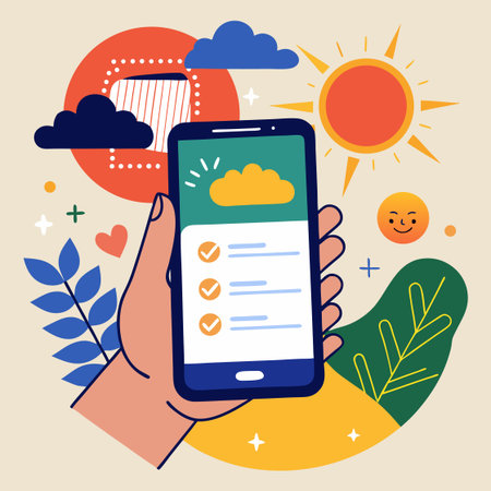 Hand holding smart phone with weather app on the screen. Vector illustration.のイラスト素材