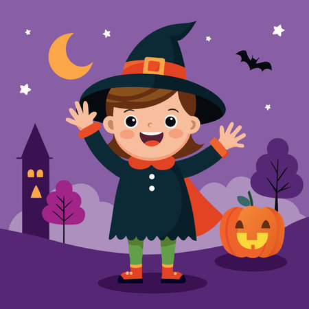 cute little girl disguised as a witch with pumpkin vector illustration designのイラスト素材
