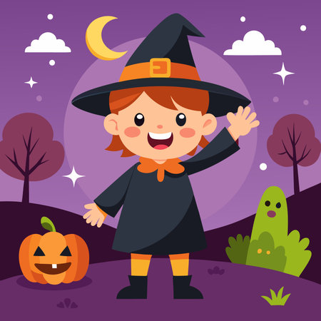 Happy Halloween. Cute little girl in a witch costume. Vector illustrationのイラスト素材