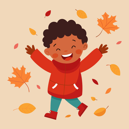 Happy Child in Red Coat Surrounded by Autumn Falling Leavesのイラスト素材