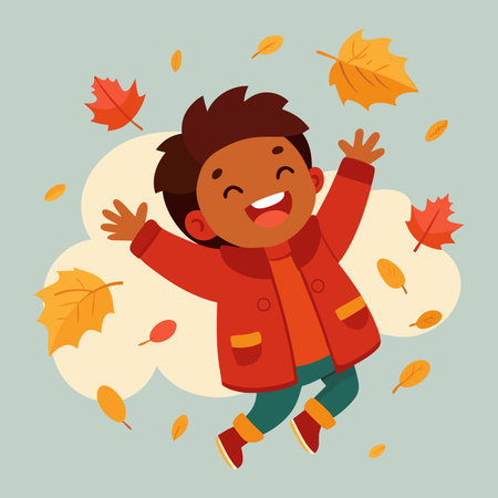 Smiling Boy in Autumn Season with Falling Leaves Vector Illustrationのイラスト素材