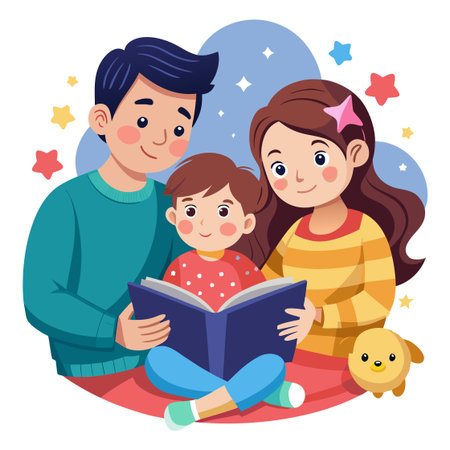 Happy family reading a book together. Mother, father and daughter. Vector illustrationのイラスト素材