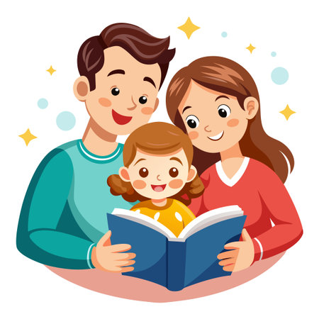 Happy family reading a book. Mother, father and daughter. Vector illustration.のイラスト素材