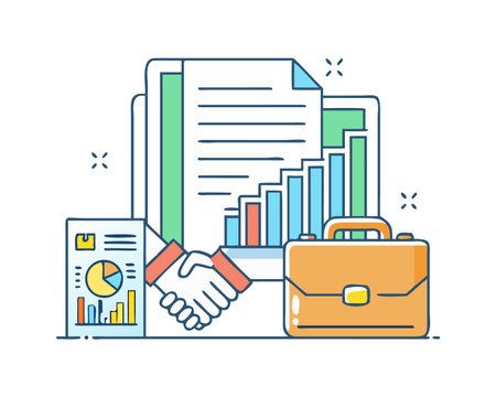 Vector illustration in flat line style with business icons - handshake, portfolio, report, chart.のイラスト素材