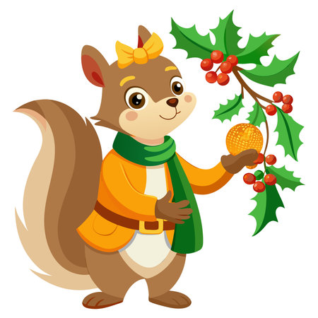 Cute Squirrel Holding Christmas Holly Branch Cartoon Illustrationのイラスト素材