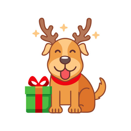 Cute cartoon dog with reindeer antlers and gift box. Vector illustration.のイラスト素材