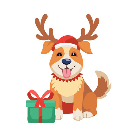 Cute cartoon dog in christmas hat and deer antlers with gift box vector illustrationのイラスト素材