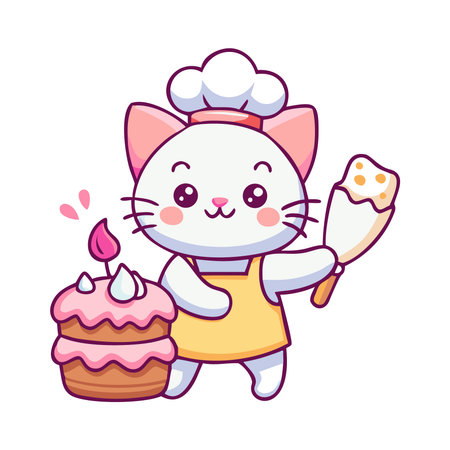 Cute cat chef with cupcake and ice cream vector illustration.のイラスト素材
