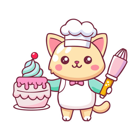 Cute cat chef with cupcake and paintbrush vector illustration.のイラスト素材
