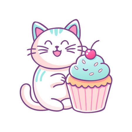 Cute cat and cupcake. Vector illustration in cartoon style.のイラスト素材