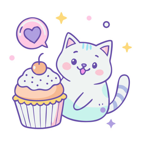Cute cat and cupcake. Vector illustration in cartoon style.のイラスト素材