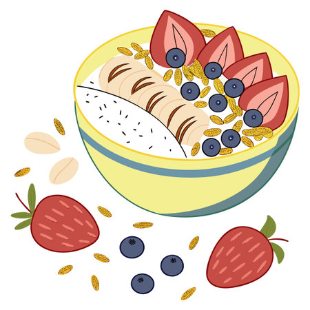 Healthy breakfast. Bowl with oatmeal and berries. Vector illustration.のイラスト素材