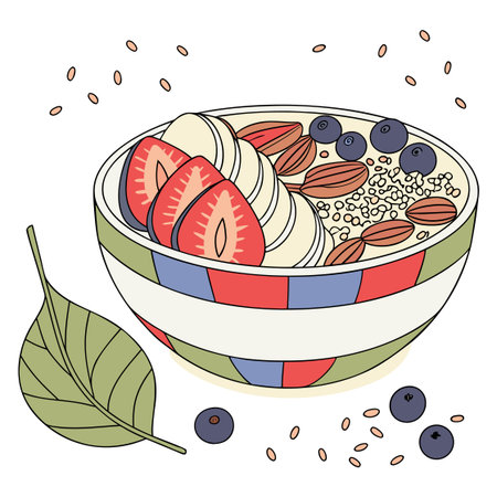 Vector illustration of a bowl of oatmeal with berries and fruits.のイラスト素材